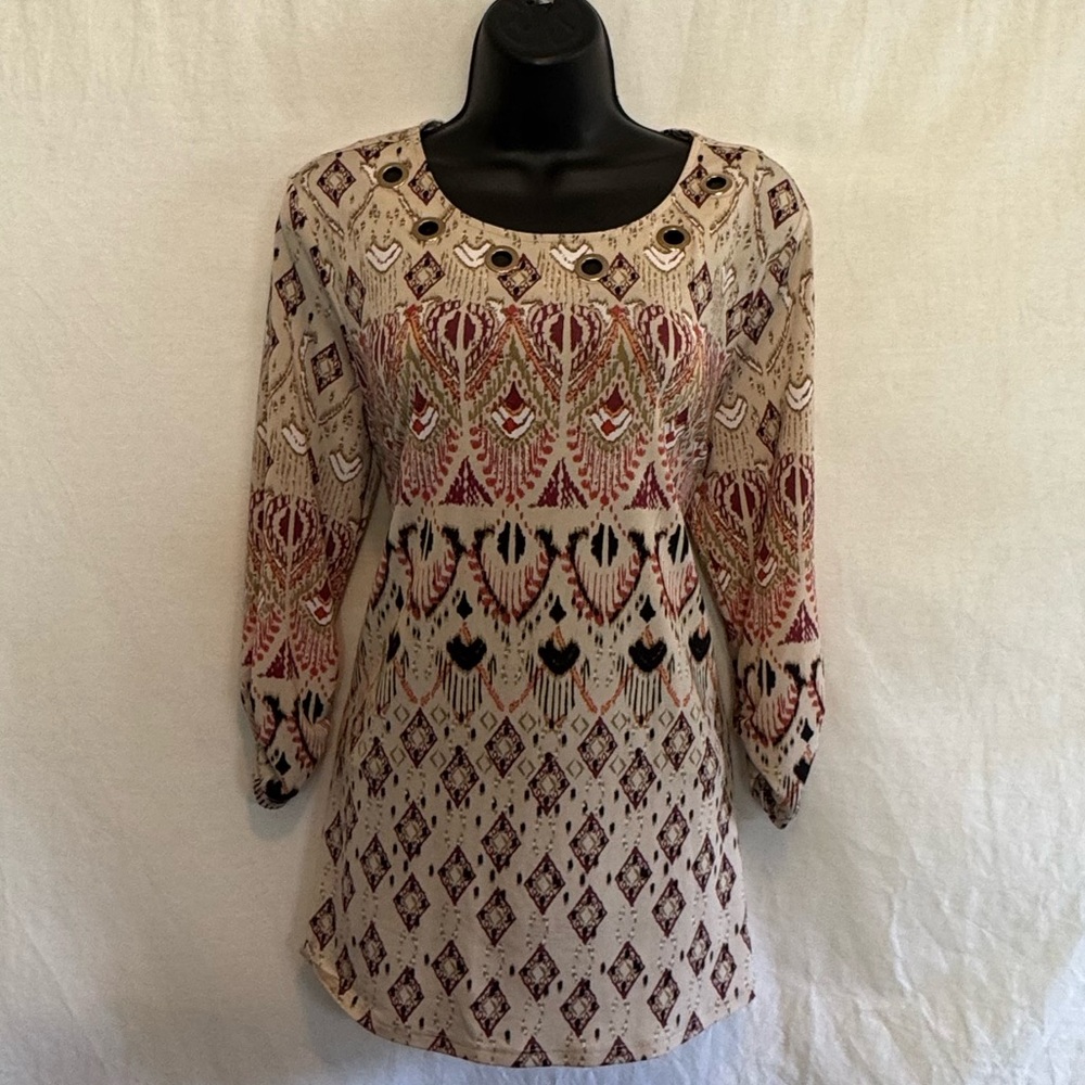 C-54 New Directions Cream Red‎ & Black 3/4 Sleeve Pullover Blouse Size M